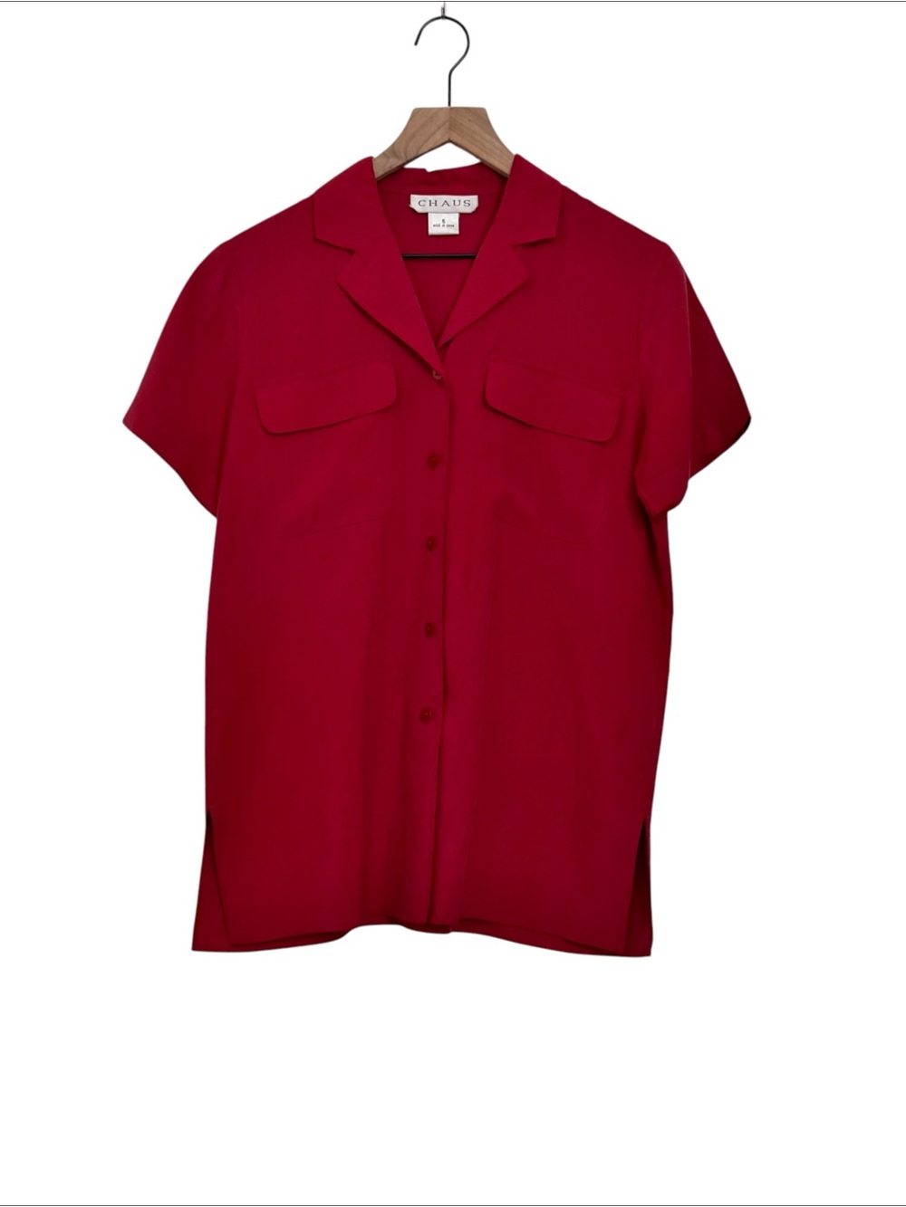 Chaus Silk Short Sleeve Camp Collar Button Down Shirt Red